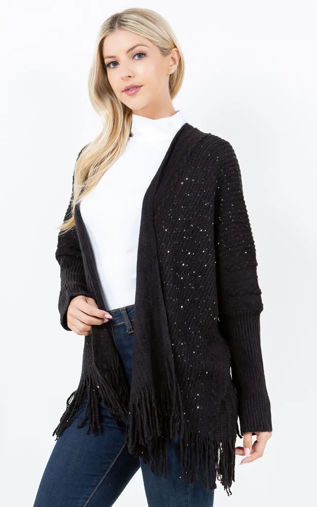 KA4313 SEQUIN KIMONO CARDIGAN W/FRINGES