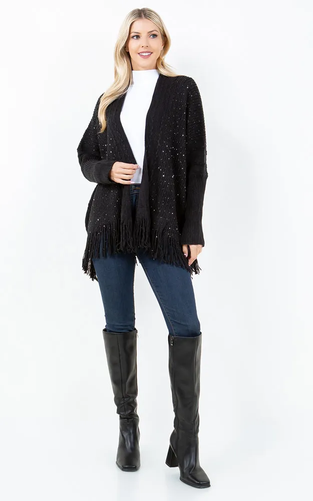 KA4313 SEQUIN KIMONO CARDIGAN W/FRINGES