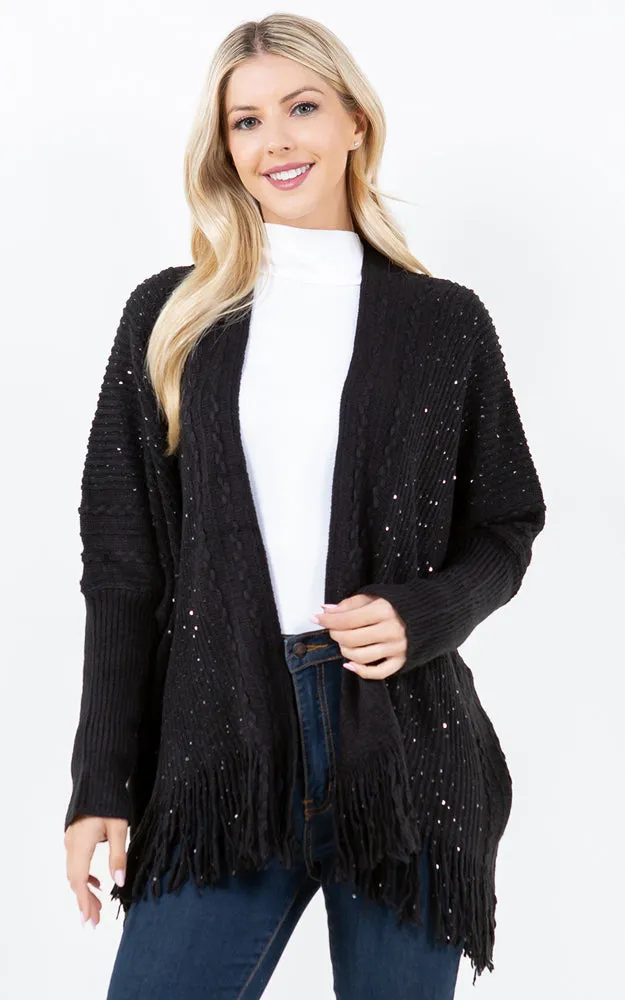 KA4313 SEQUIN KIMONO CARDIGAN W/FRINGES