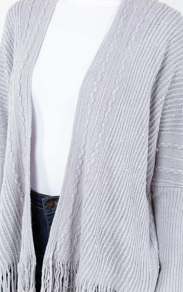 KA4313 SEQUIN KIMONO CARDIGAN W/FRINGES