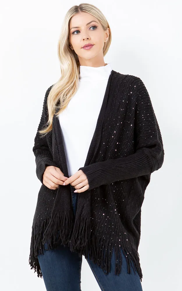 KA4313 SEQUIN KIMONO CARDIGAN W/FRINGES