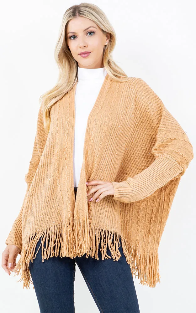 KA4313 SEQUIN KIMONO CARDIGAN W/FRINGES