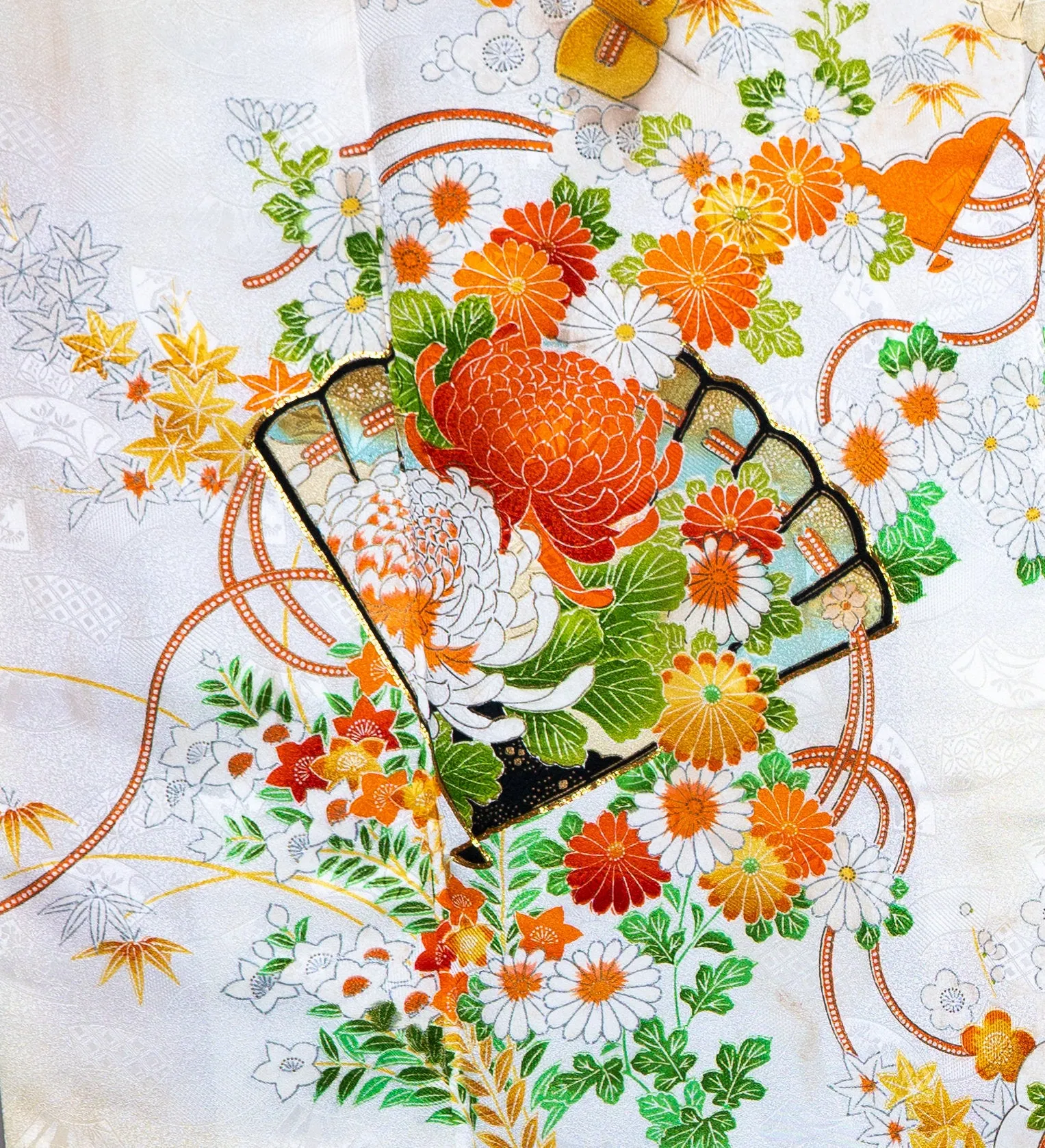 Light Yellow Houmongi with Fans and Gorgeous Flowers, Chrysanthemum Cherry Blossoms Sakura Leaves