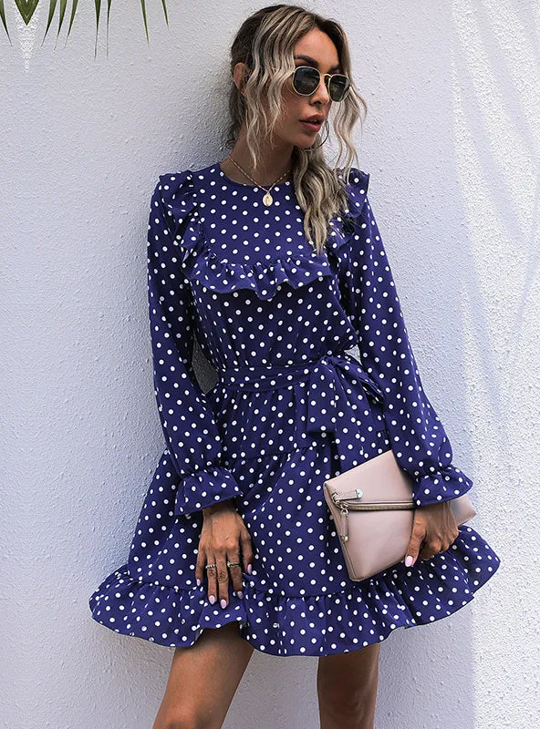 Long Sleeve Polka Dot Vintage Flounce Dress