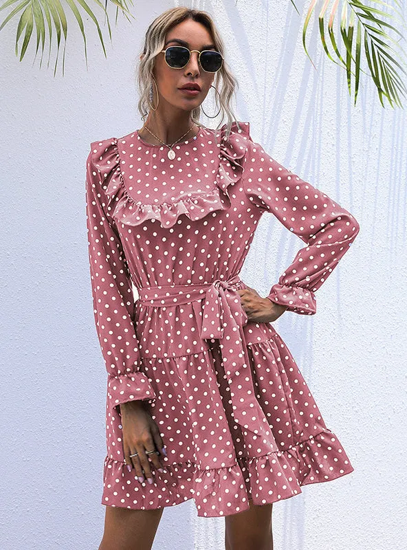 Long Sleeve Polka Dot Vintage Flounce Dress