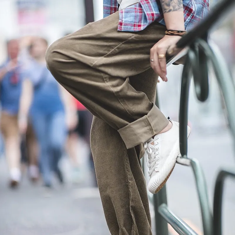 Loose Straight Cargo Corduroy Pants