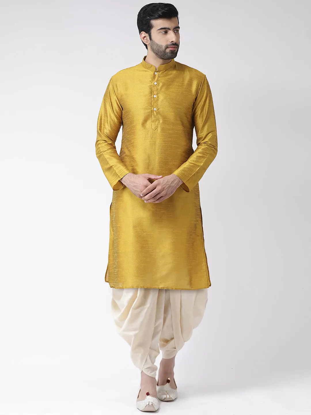Men Cream Kurta Jacket Dhoti Set