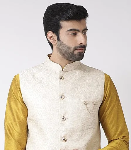 Men Cream Kurta Jacket Dhoti Set