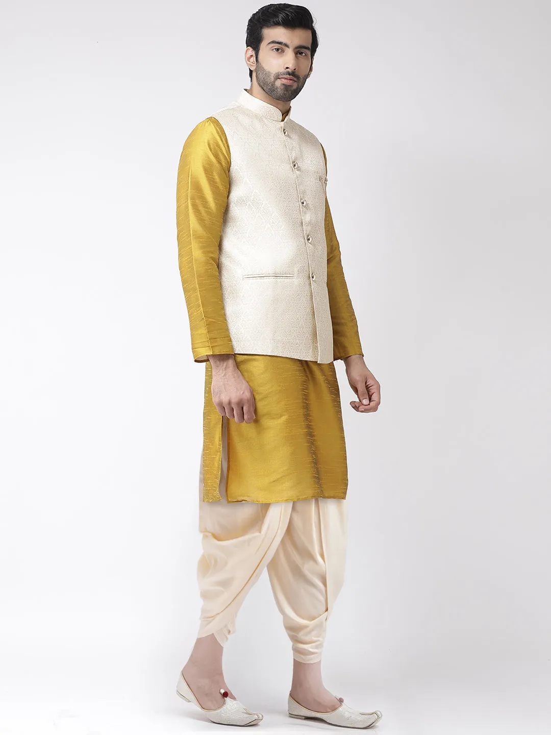 Men Cream Kurta Jacket Dhoti Set