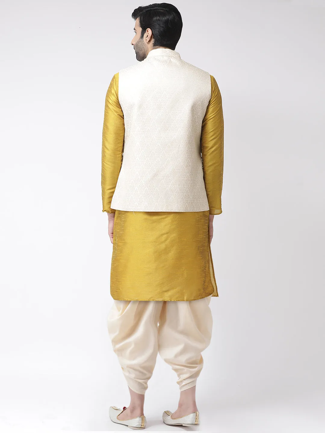 Men Cream Kurta Jacket Dhoti Set