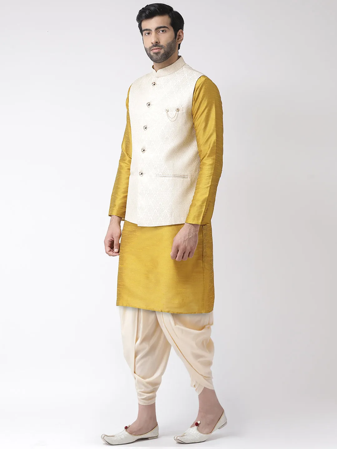 Men Cream Kurta Jacket Dhoti Set