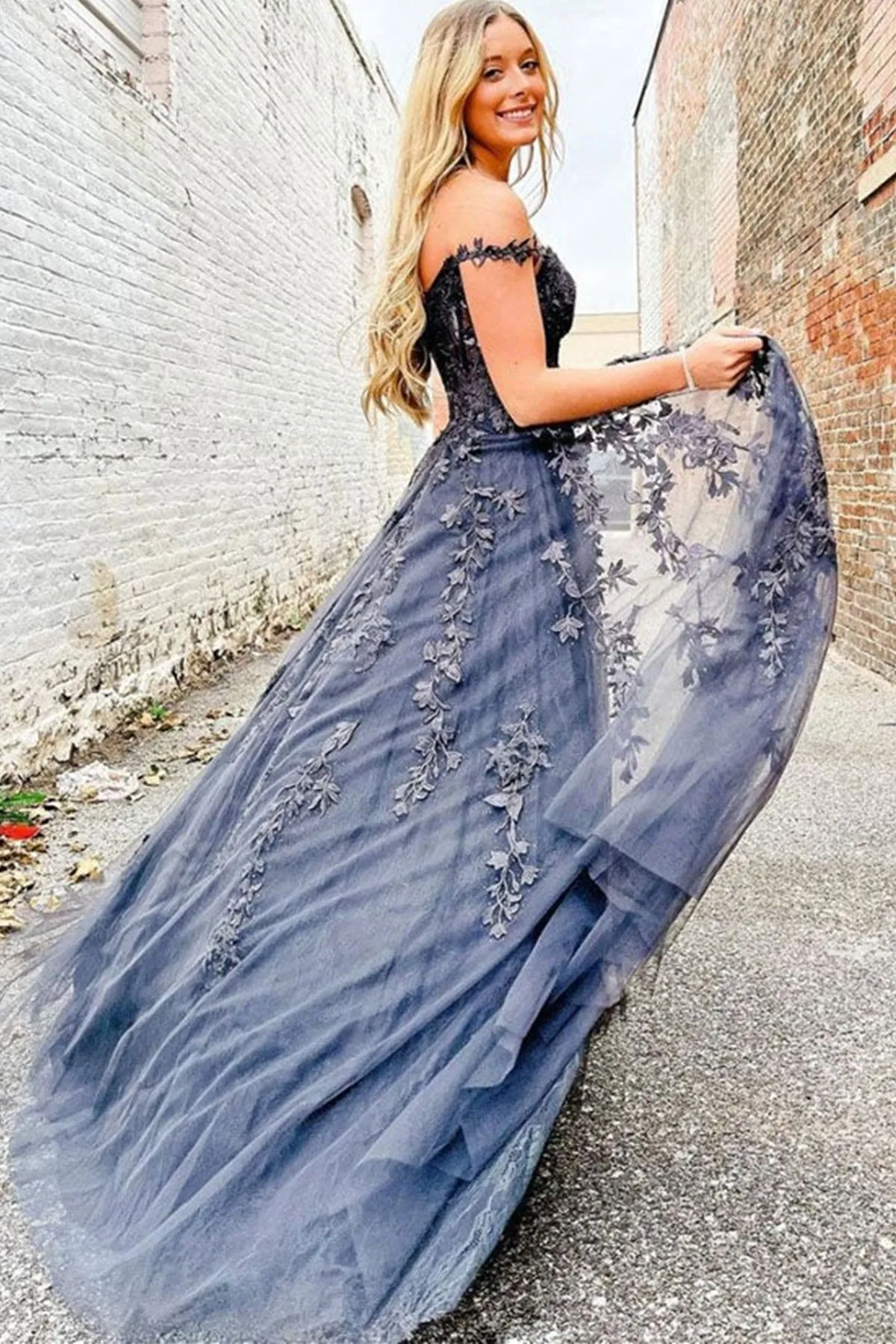 Off Shoulder Black Lace Long Prom Dress with High Slit, Black Lace Formal Graduation Evening Dress A1396