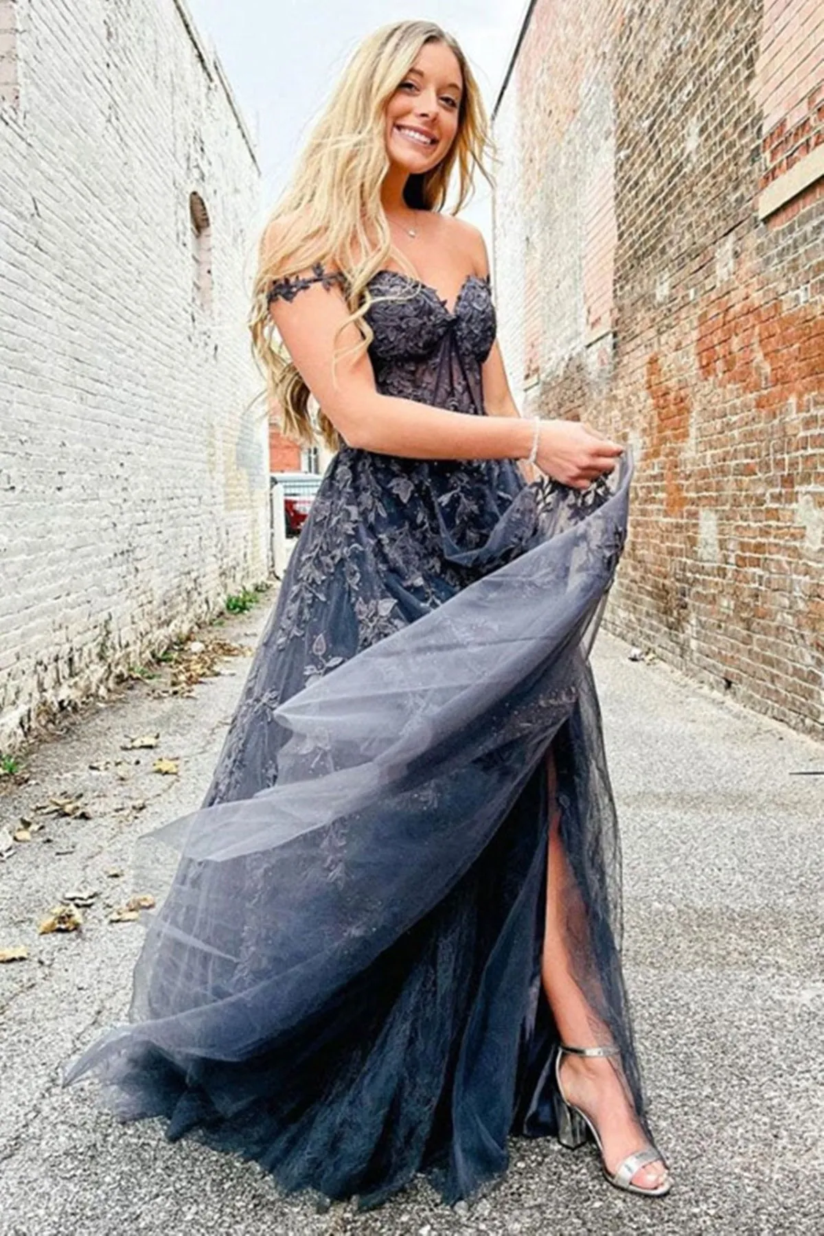 Off Shoulder Black Lace Long Prom Dress with High Slit, Black Lace Formal Graduation Evening Dress A1396