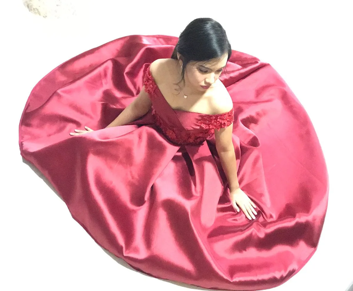 Off Shoulder High Low Satin Lace Burgundy Prom with Appliques, Burgundy Lace Formal, Homecoming, Graduation