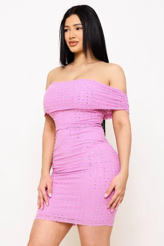 off the shoulder rhinestone studded dress