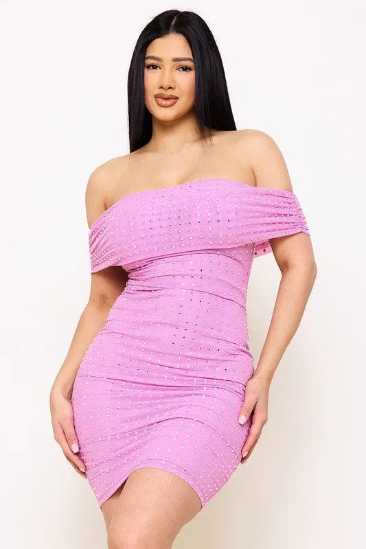 off the shoulder rhinestone studded dress