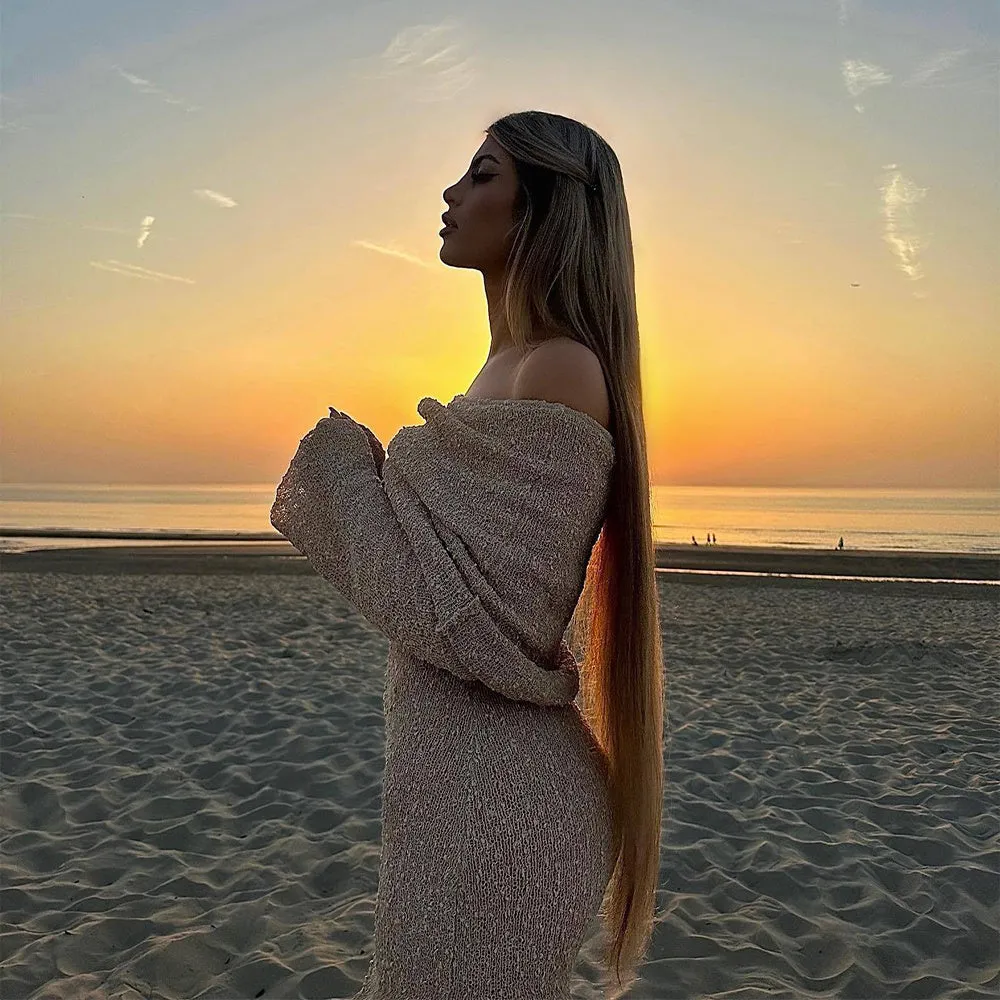 One-shoulder Knitted Long-sleeved Dress Sexy Beach or Party Holiday Long Dresses Womens Clothing