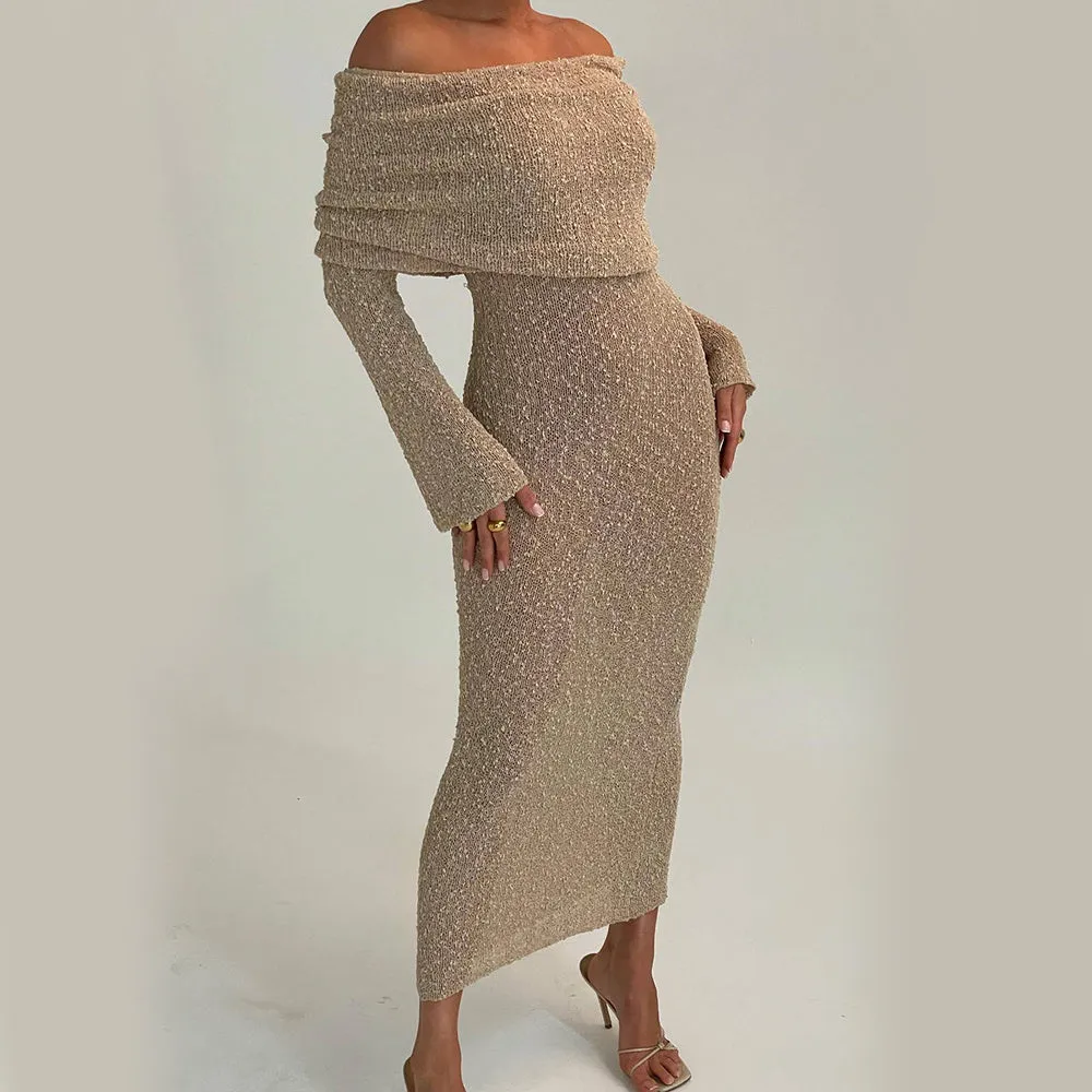 One-shoulder Knitted Long-sleeved Dress Sexy Beach or Party Holiday Long Dresses Womens Clothing