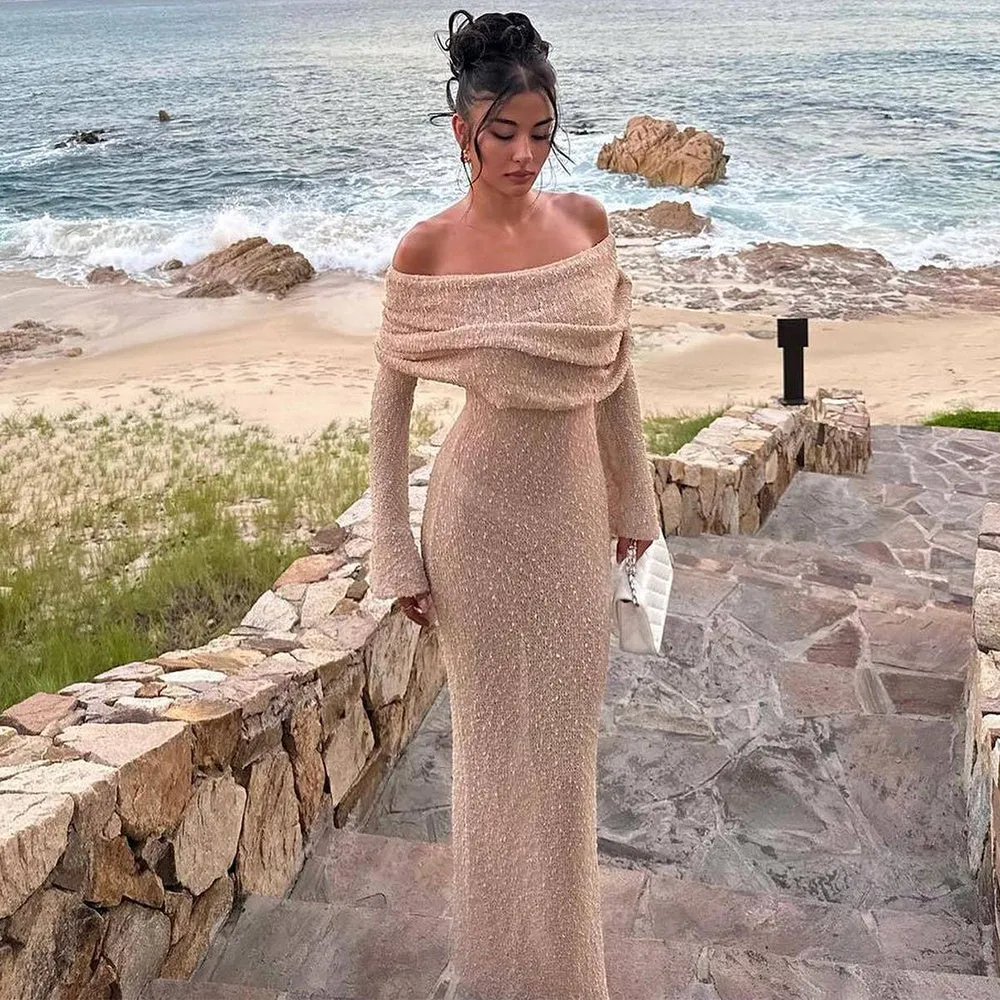 One-shoulder Knitted Long-sleeved Dress Sexy Beach or Party Holiday Long Dresses Womens Clothing
