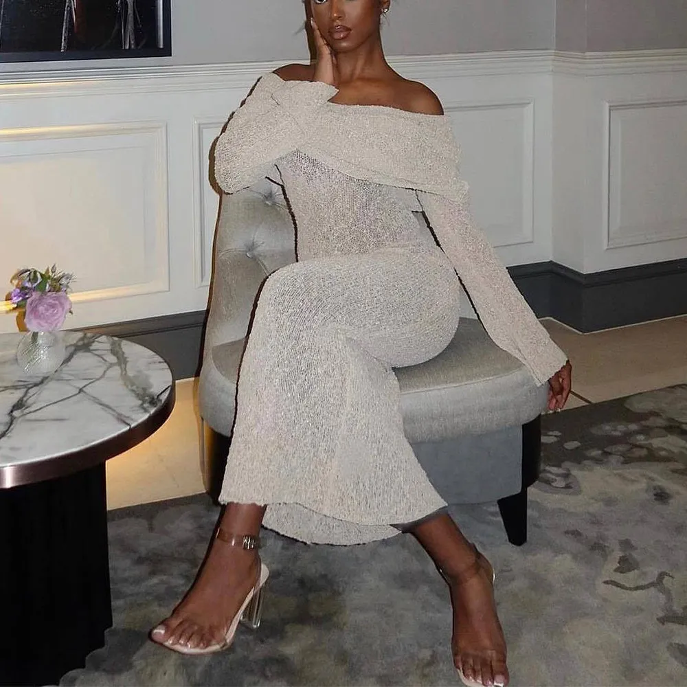 One-shoulder Knitted Long-sleeved Dress Sexy Beach or Party Holiday Long Dresses Womens Clothing
