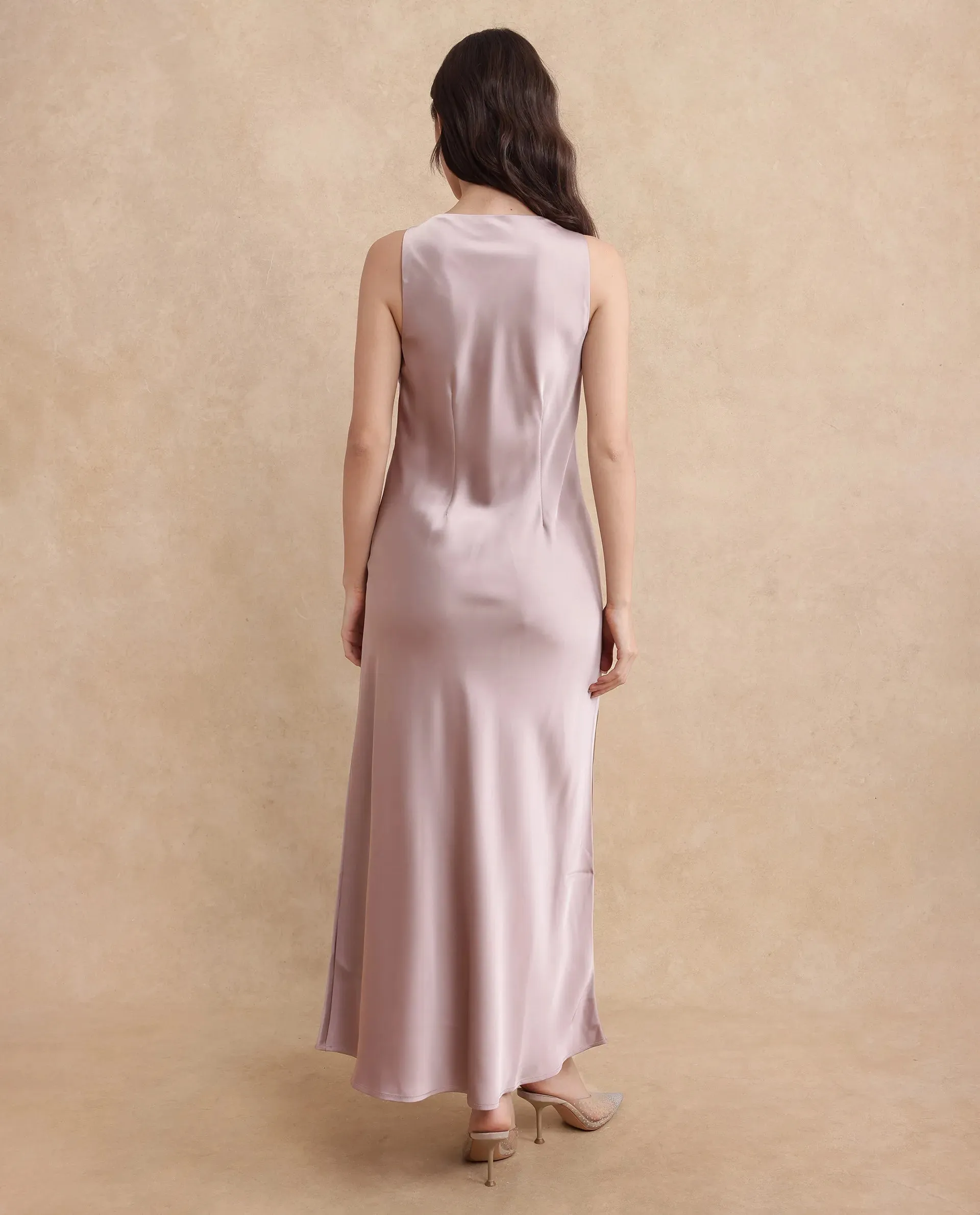 Rareism Women Zarina Dusky Beige Sleeveless Cowl Neck Zipper Closure Bodycon Maxi Plain Dress