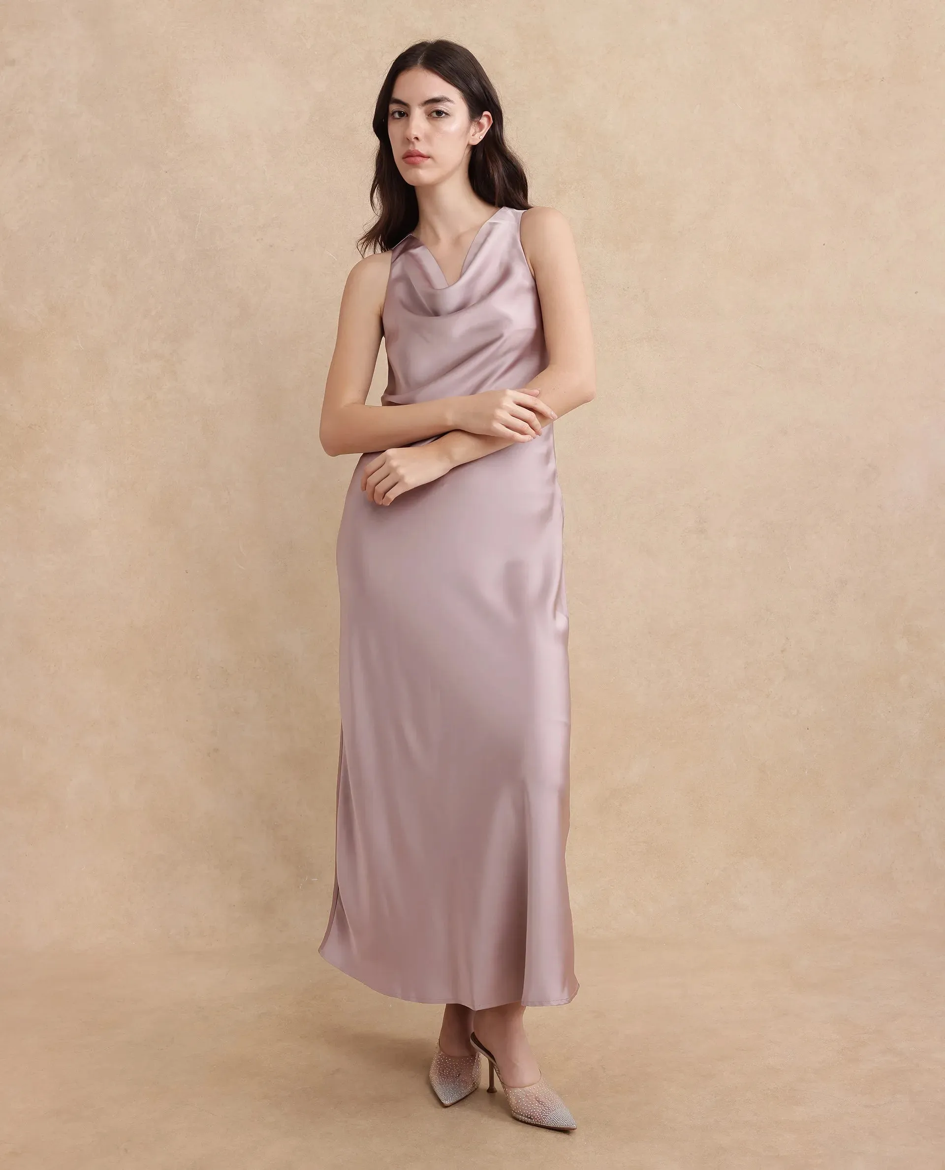 Rareism Women Zarina Dusky Beige Sleeveless Cowl Neck Zipper Closure Bodycon Maxi Plain Dress