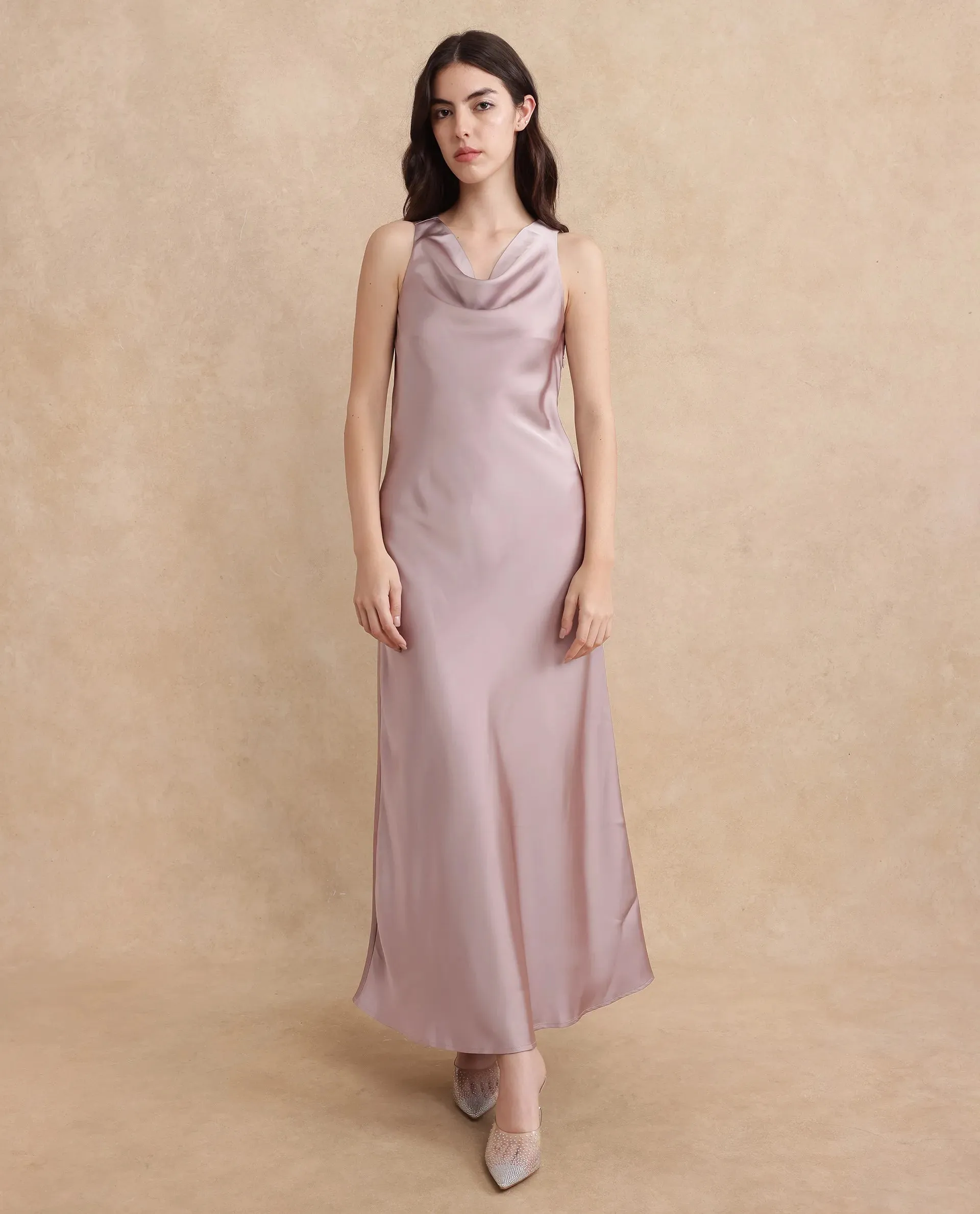 Rareism Women Zarina Dusky Beige Sleeveless Cowl Neck Zipper Closure Bodycon Maxi Plain Dress