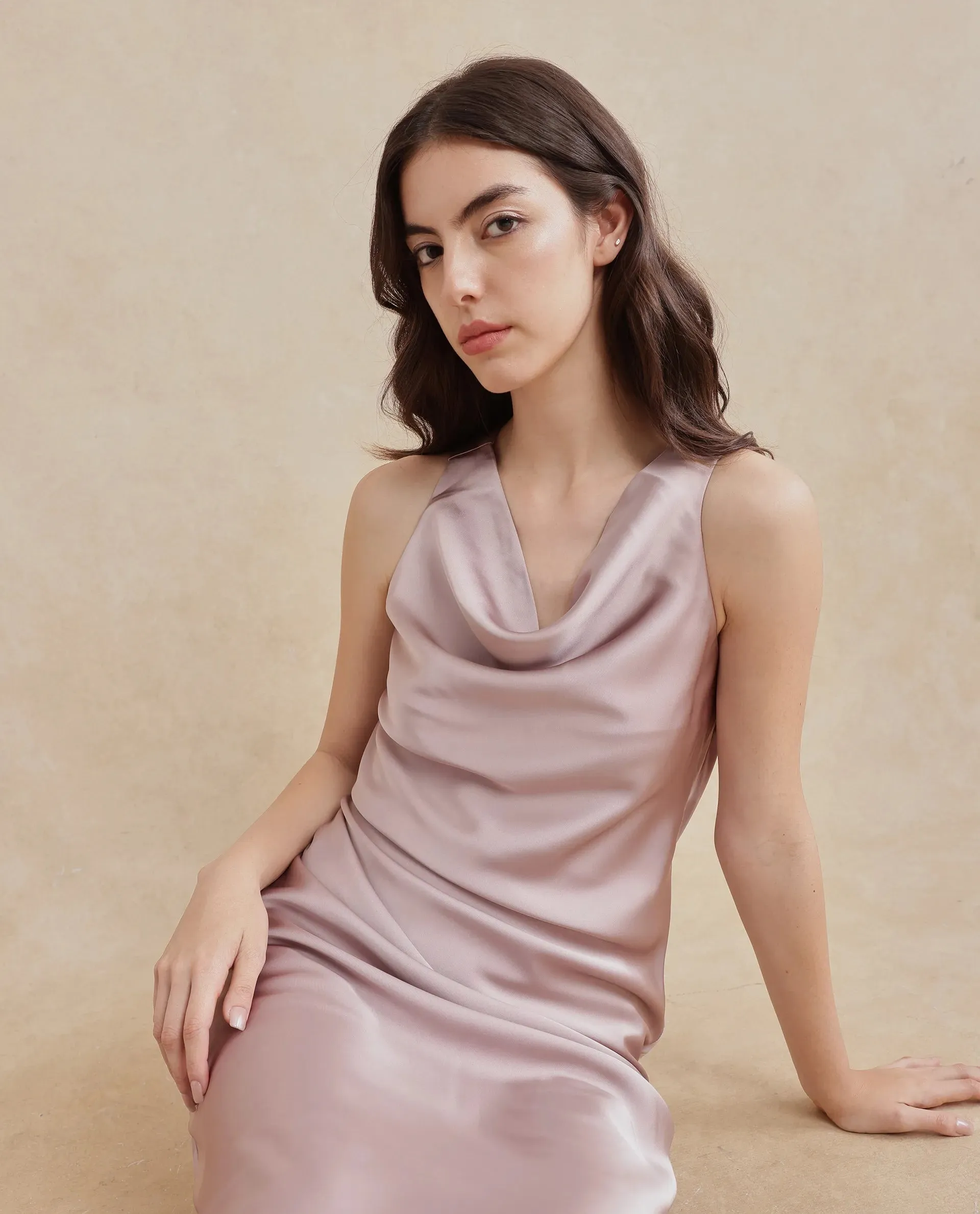 Rareism Women Zarina Dusky Beige Sleeveless Cowl Neck Zipper Closure Bodycon Maxi Plain Dress
