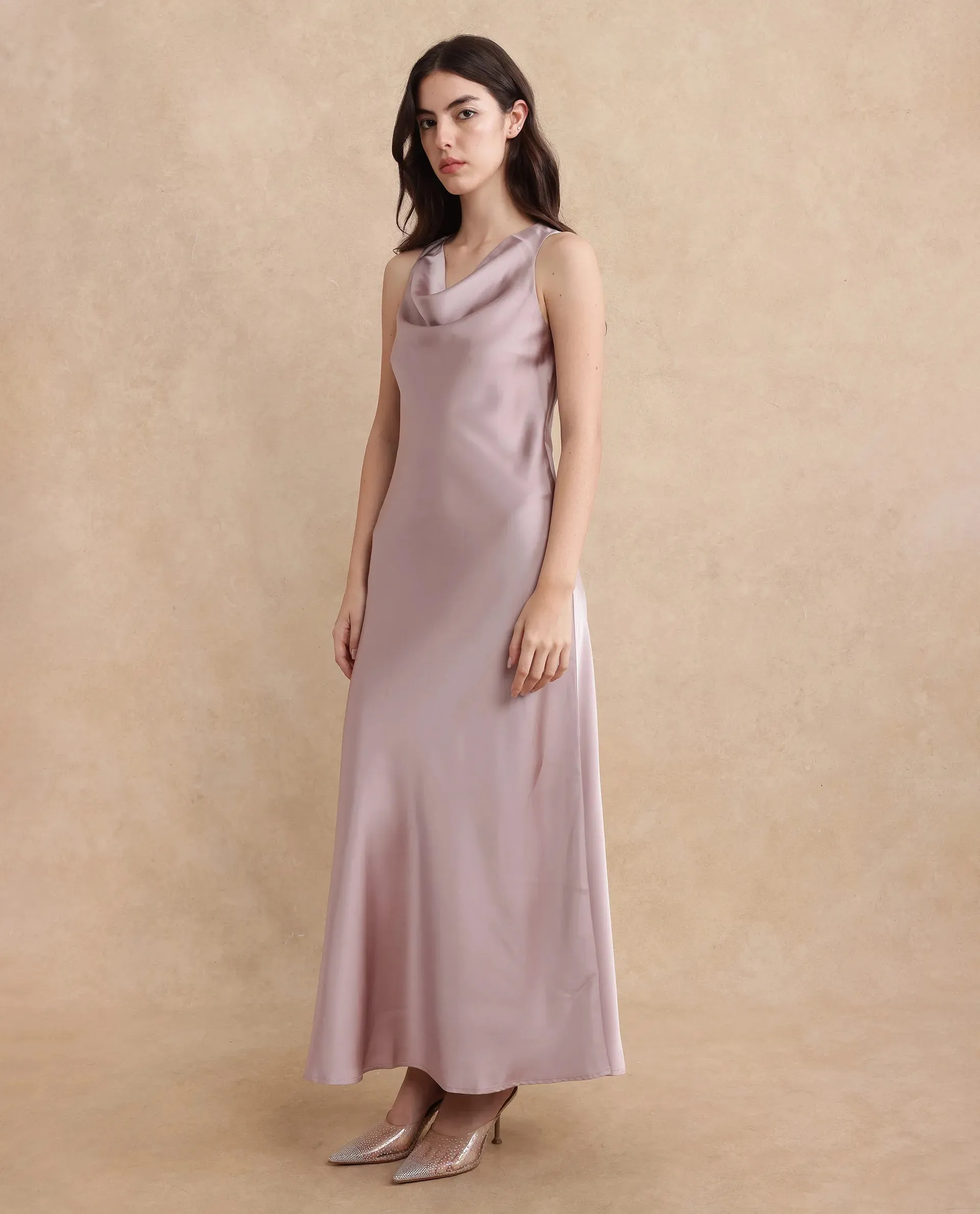 Rareism Women Zarina Dusky Beige Sleeveless Cowl Neck Zipper Closure Bodycon Maxi Plain Dress