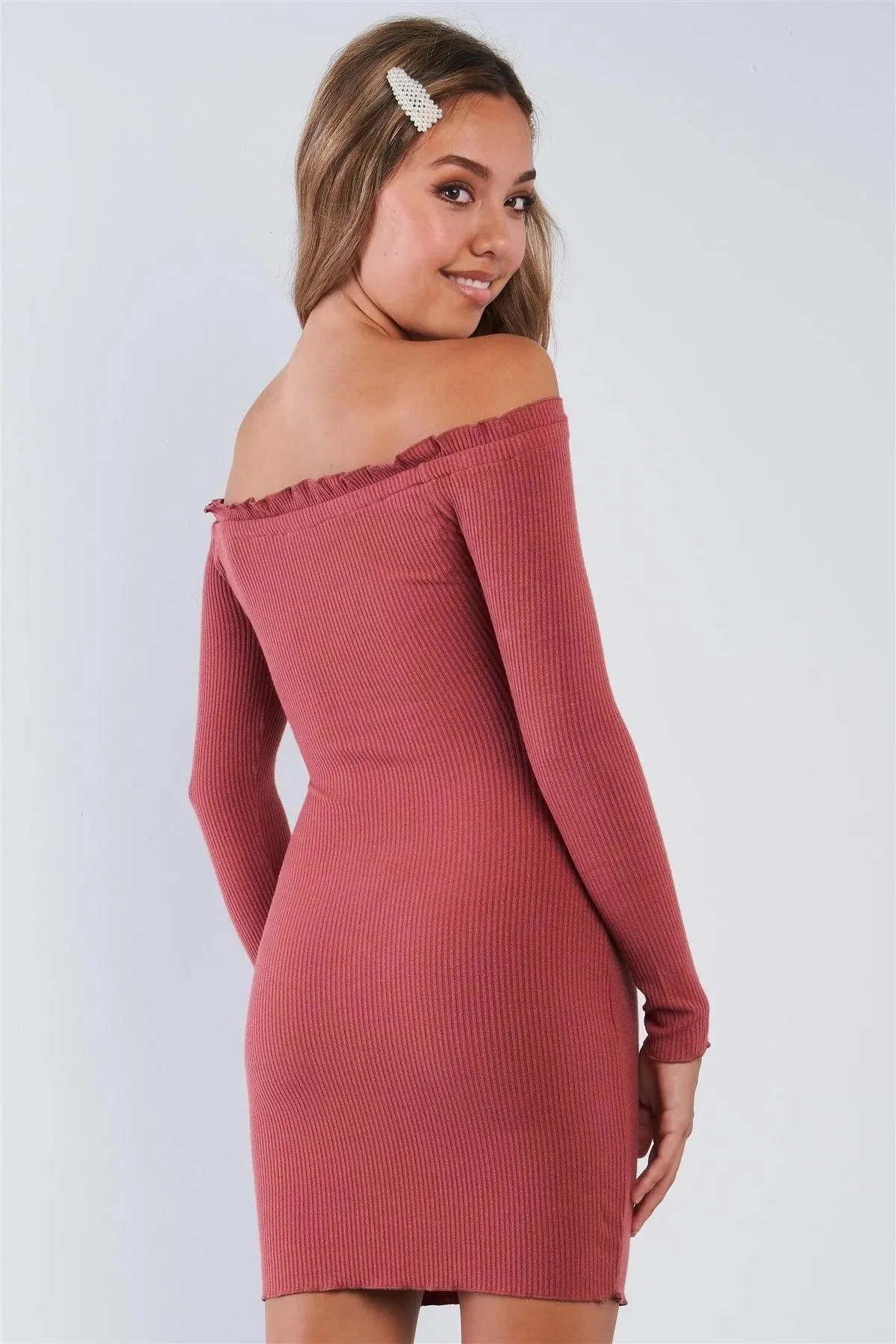 Ribbed Long Sleeve Mini Length Off The Shoulder Dress