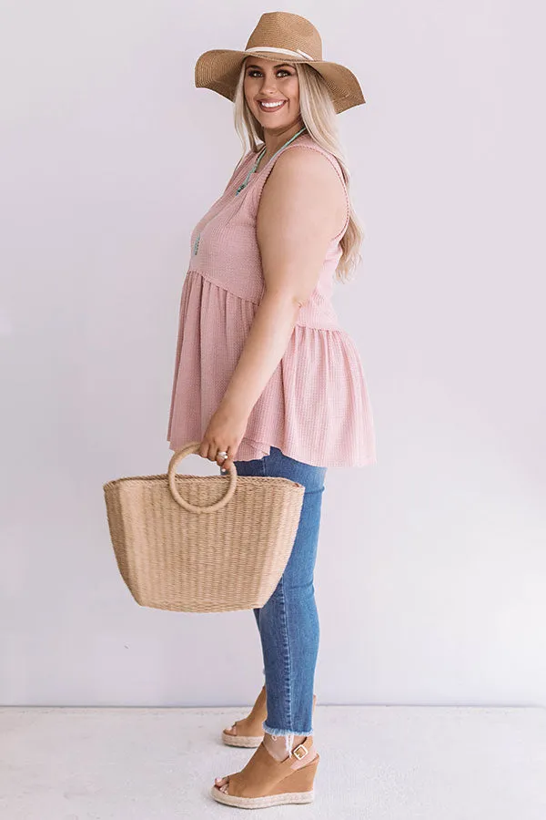 Seaside Breeze Waffle Knit Babydoll Tank In Blush Curves