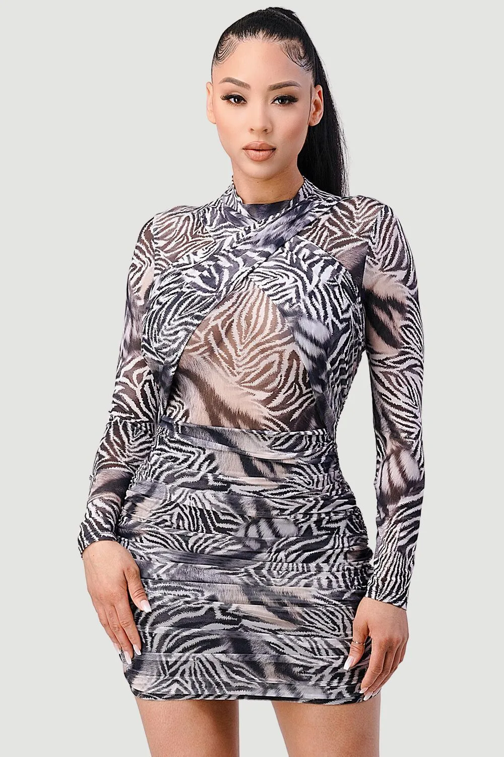 SEXY WILD ANIMAL PRINT MESH SEE-THRU MINI DRESS