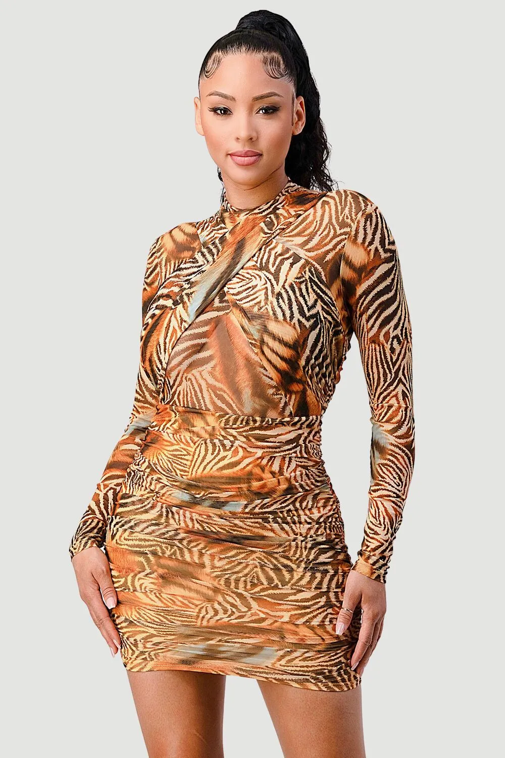 SEXY WILD ANIMAL PRINT MESH SEE-THRU MINI DRESS