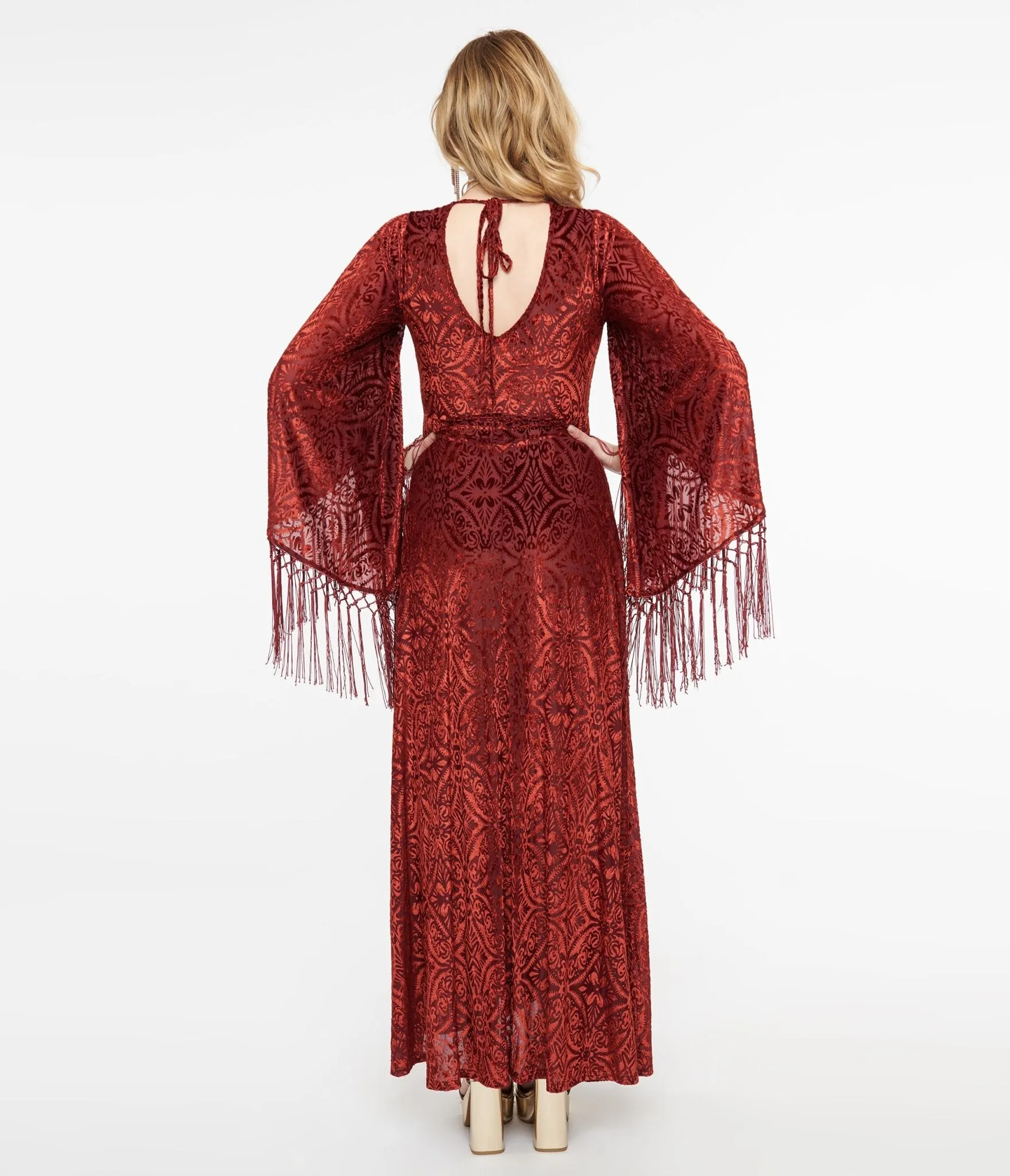 Smak Parlour 1970s Burgundy Velvet Burnout Fringe Sleeve Maxi Dress
