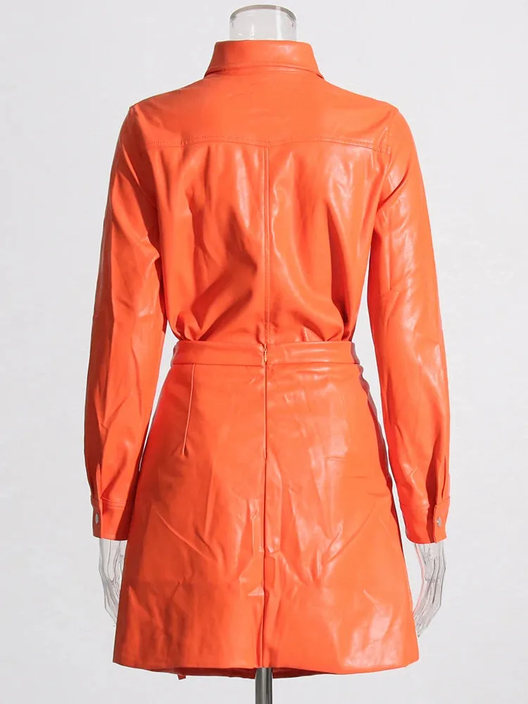 Solid Leather Two Piece Set For Women Lapel Long Sleeve Jacket High Waist Spliced Ruffles Bodycon Skirt Casual Sets Female