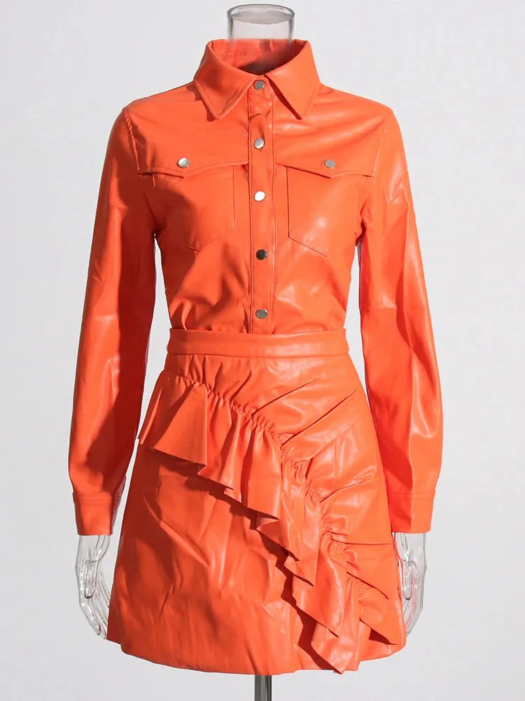 Solid Leather Two Piece Set For Women Lapel Long Sleeve Jacket High Waist Spliced Ruffles Bodycon Skirt Casual Sets Female