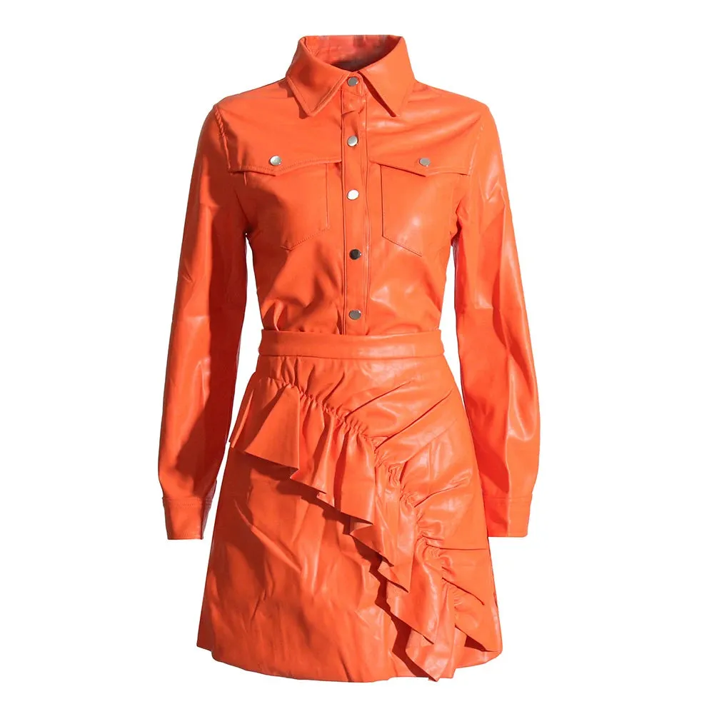 Solid Leather Two Piece Set For Women Lapel Long Sleeve Jacket High Waist Spliced Ruffles Bodycon Skirt Casual Sets Female