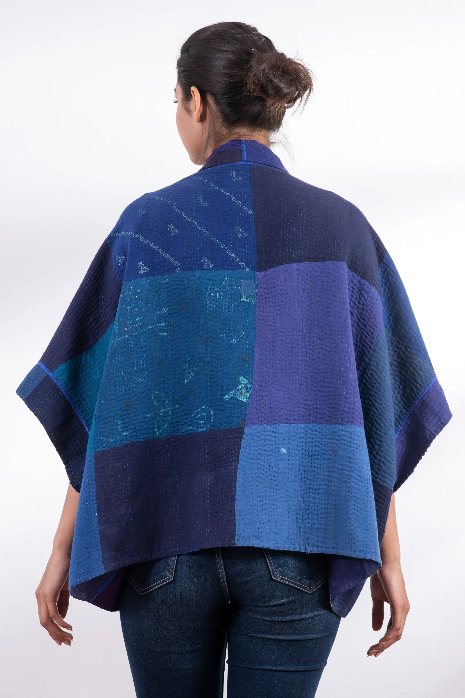 STRIPE AND CHECK COTTON SILK PATCH KANTHA MINI PONCHO - ss4060-blu -