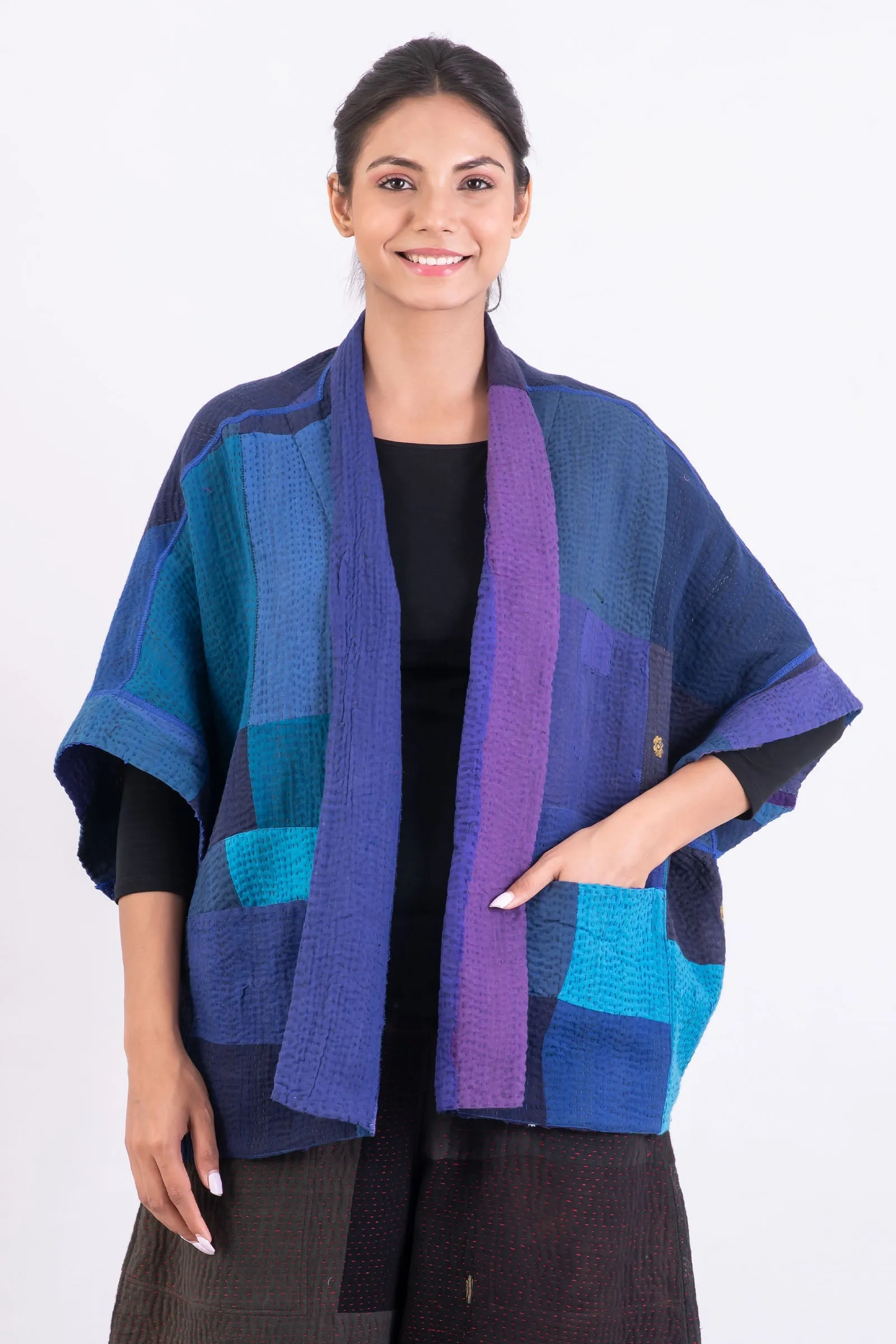 STRIPE AND CHECK COTTON SILK PATCH KANTHA MINI PONCHO - ss4060-blu -