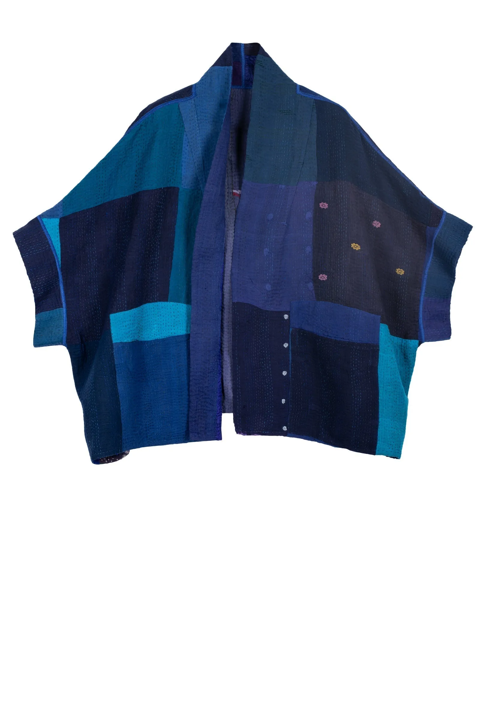 STRIPE AND CHECK COTTON SILK PATCH KANTHA MINI PONCHO - ss4060-blu -