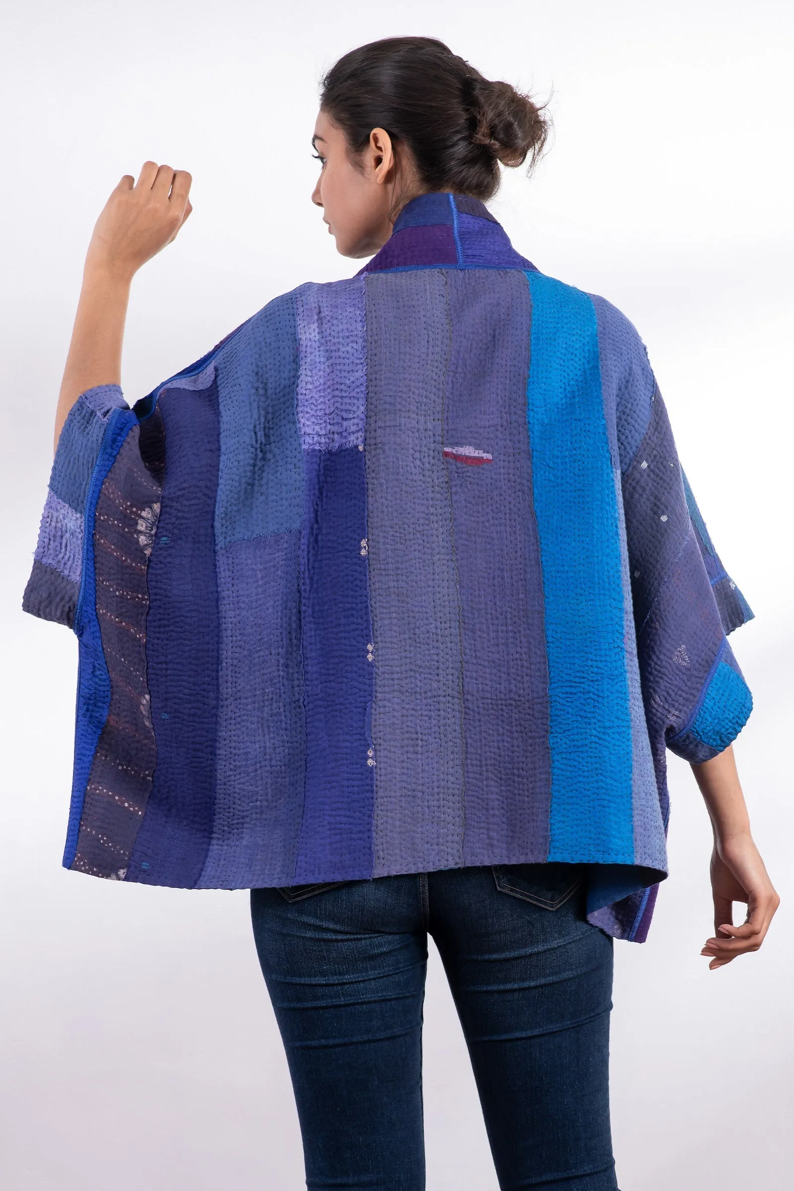 STRIPE AND CHECK COTTON SILK PATCH KANTHA MINI PONCHO - ss4060-blu -