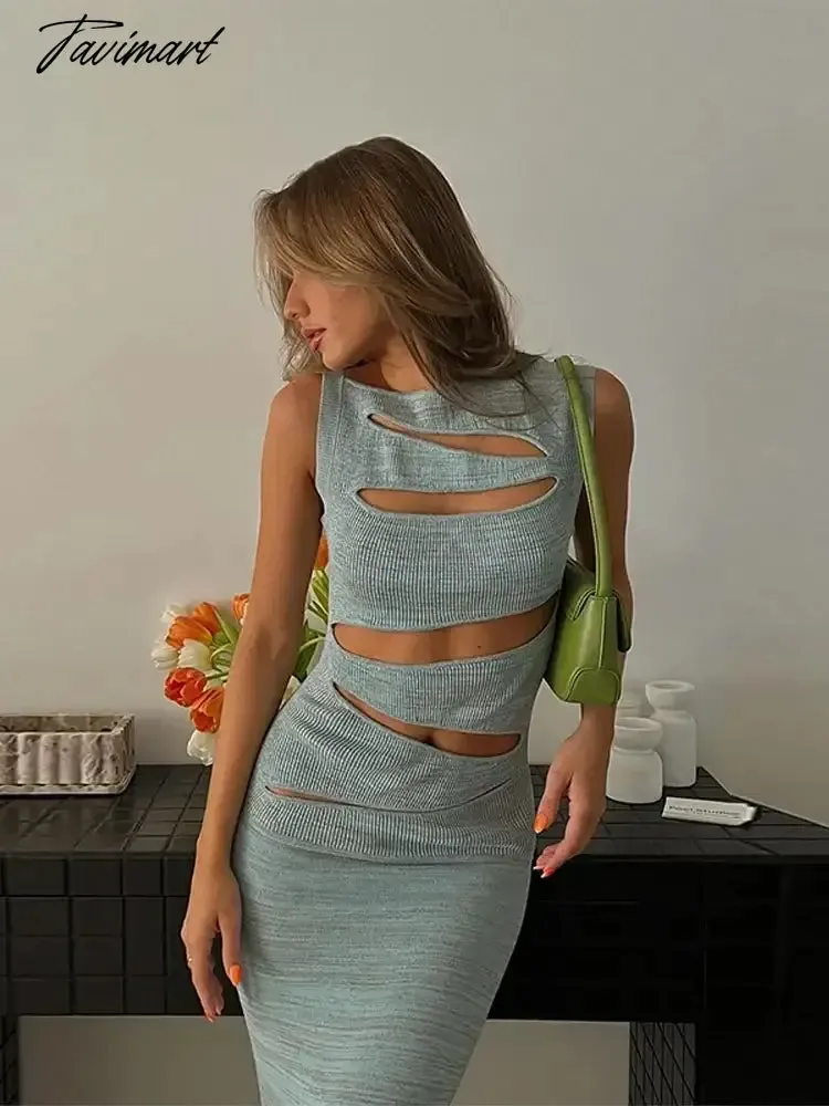 TAVIMART -  Sexy Cut Out Slim Fit Knit Maxi Dress For Women Fashion Sleeveless Round Neck Ribbed Robe Female Spring Summer Club Sexy Dresses