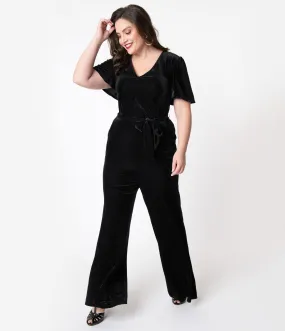 Unique Vintage Plus Size 1970s Black Velvet Corduroy Heddy Jumpsuit