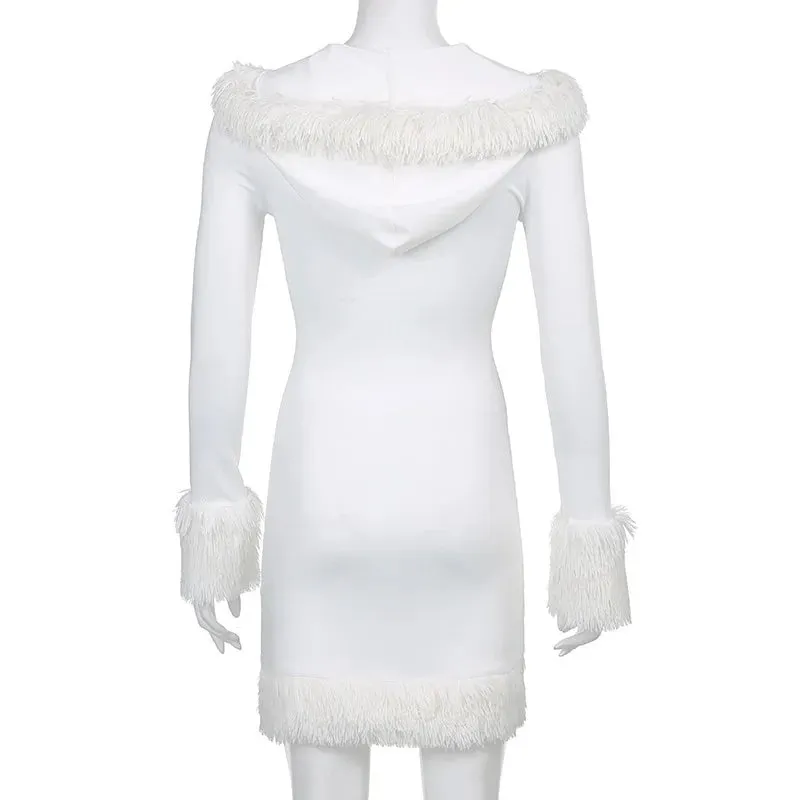 Vevesc Y2k Bodycon Dress for Women Fur Trim Hoodie Dresses Sexy Deep V Neck Long Sleeve Mini Short Dress Vintage Aesthetic Cute Clothes