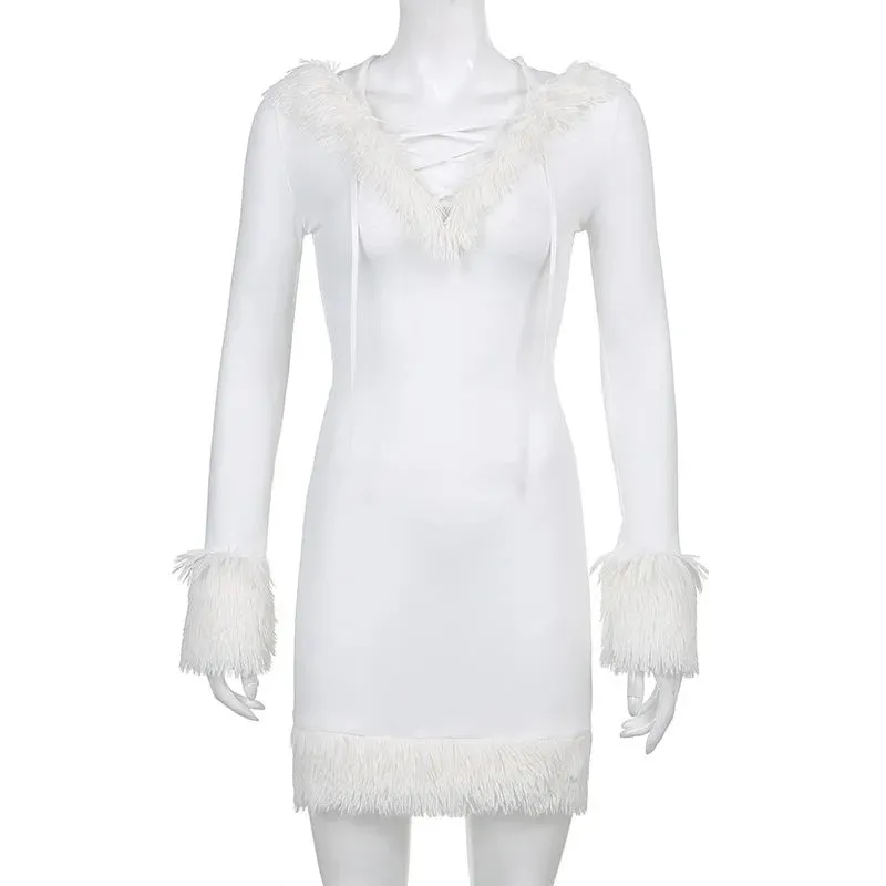 Vevesc Y2k Bodycon Dress for Women Fur Trim Hoodie Dresses Sexy Deep V Neck Long Sleeve Mini Short Dress Vintage Aesthetic Cute Clothes