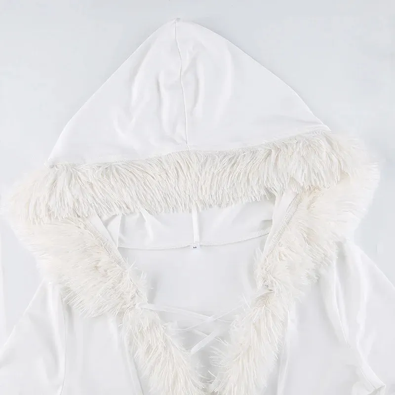 Vevesc Y2k Bodycon Dress for Women Fur Trim Hoodie Dresses Sexy Deep V Neck Long Sleeve Mini Short Dress Vintage Aesthetic Cute Clothes