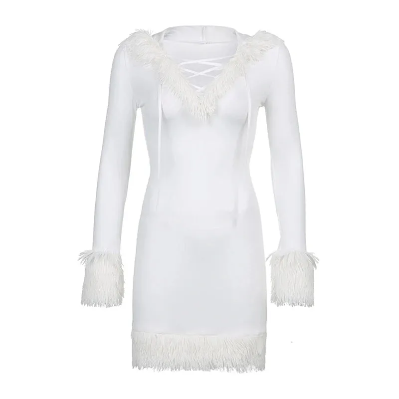 Vevesc Y2k Bodycon Dress for Women Fur Trim Hoodie Dresses Sexy Deep V Neck Long Sleeve Mini Short Dress Vintage Aesthetic Cute Clothes