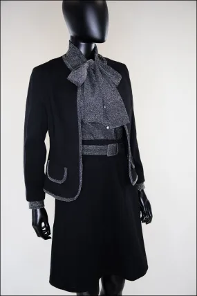 Vintage Black Silver Wool Mini Suit and Blouse