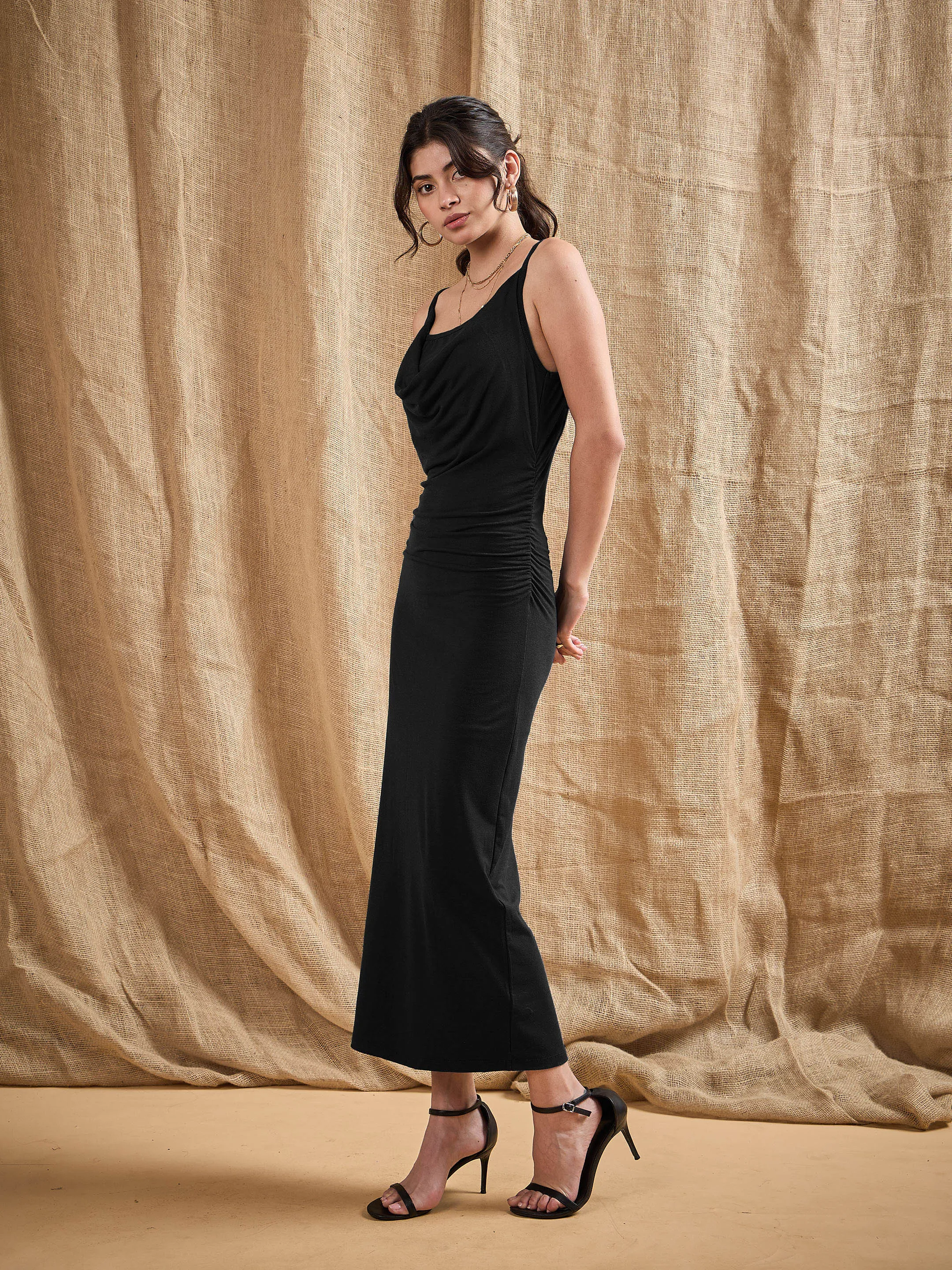 Women Black Cowl Neck Bodycon Maxi Dress