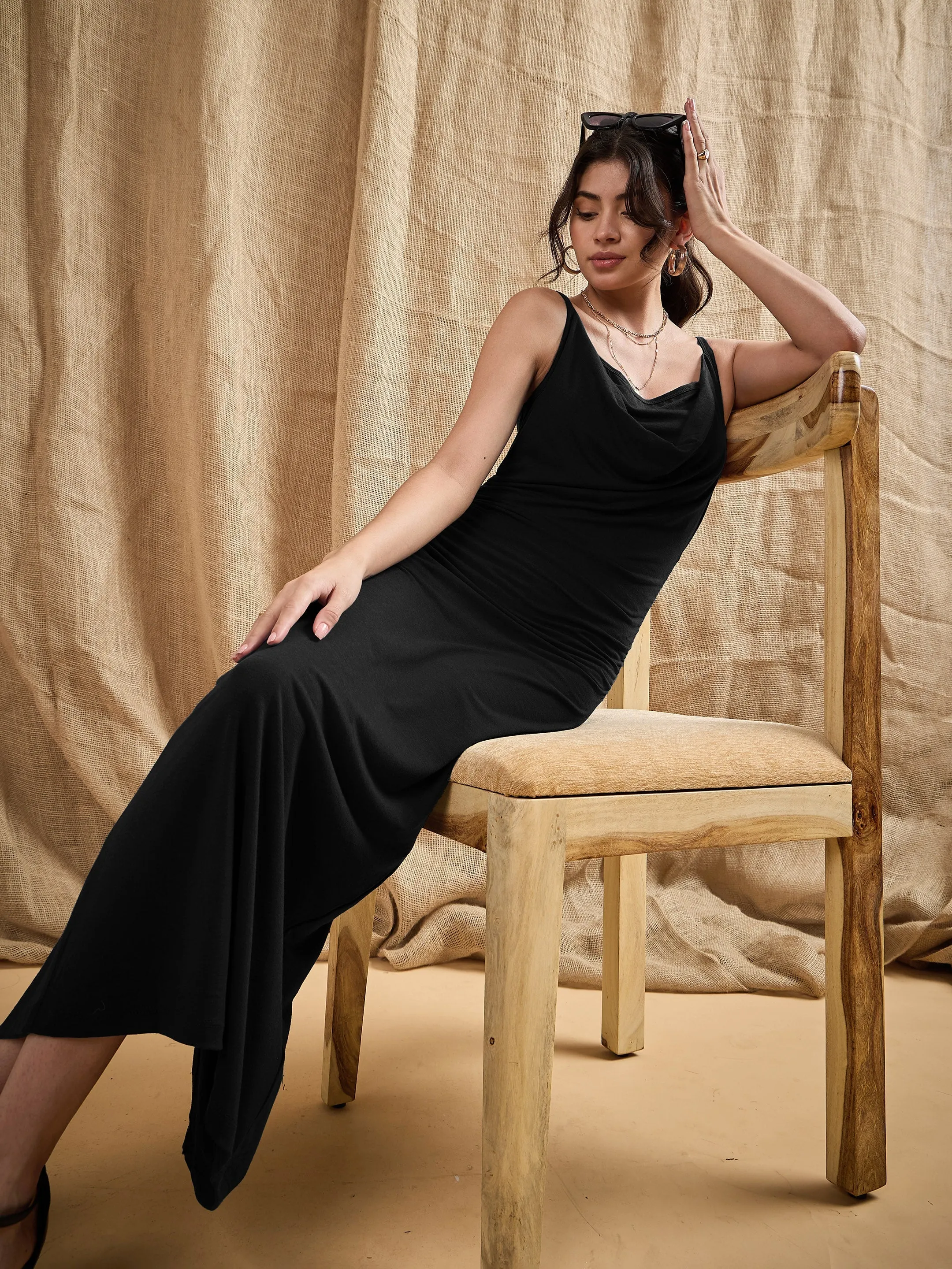 Women Black Cowl Neck Bodycon Maxi Dress